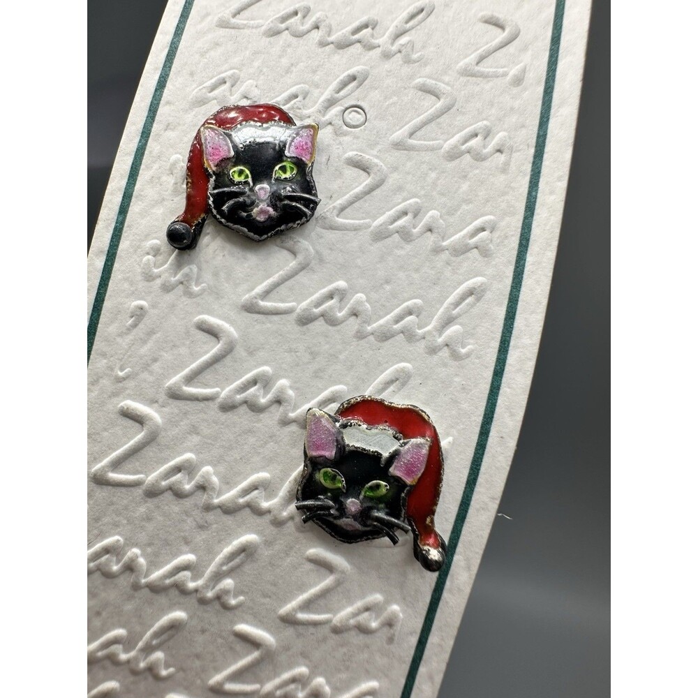 Vintage ZARAH Sterling Silver & Enamel Santa Hat Cat Earrings On Card